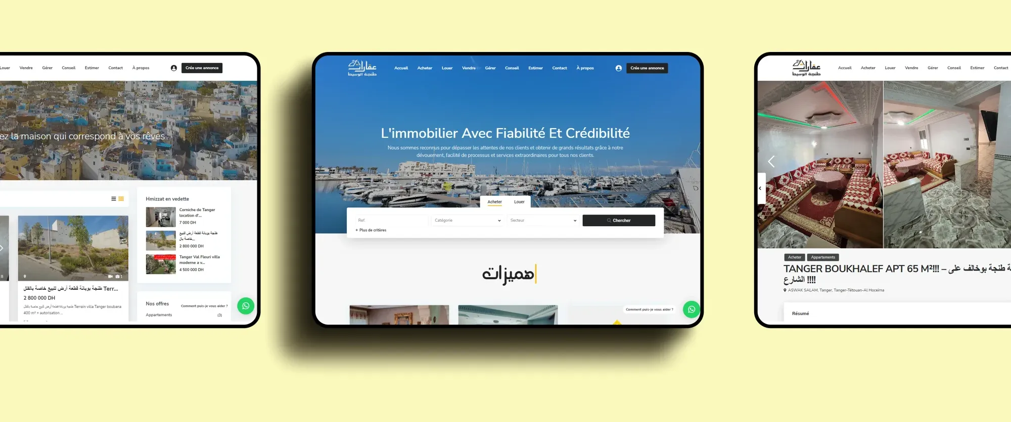 Le site de Tanja Al Wassit sur tablette : liste des biens, accueil avec recherche et fiche d’un appartement