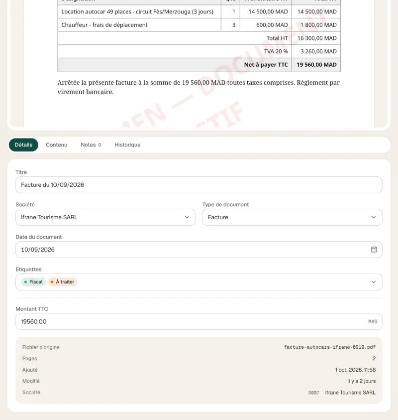 La fiche d’une facture dans Fahras : la pièce, puis la société, le type, la date, les étiquettes et le montant à vérifier