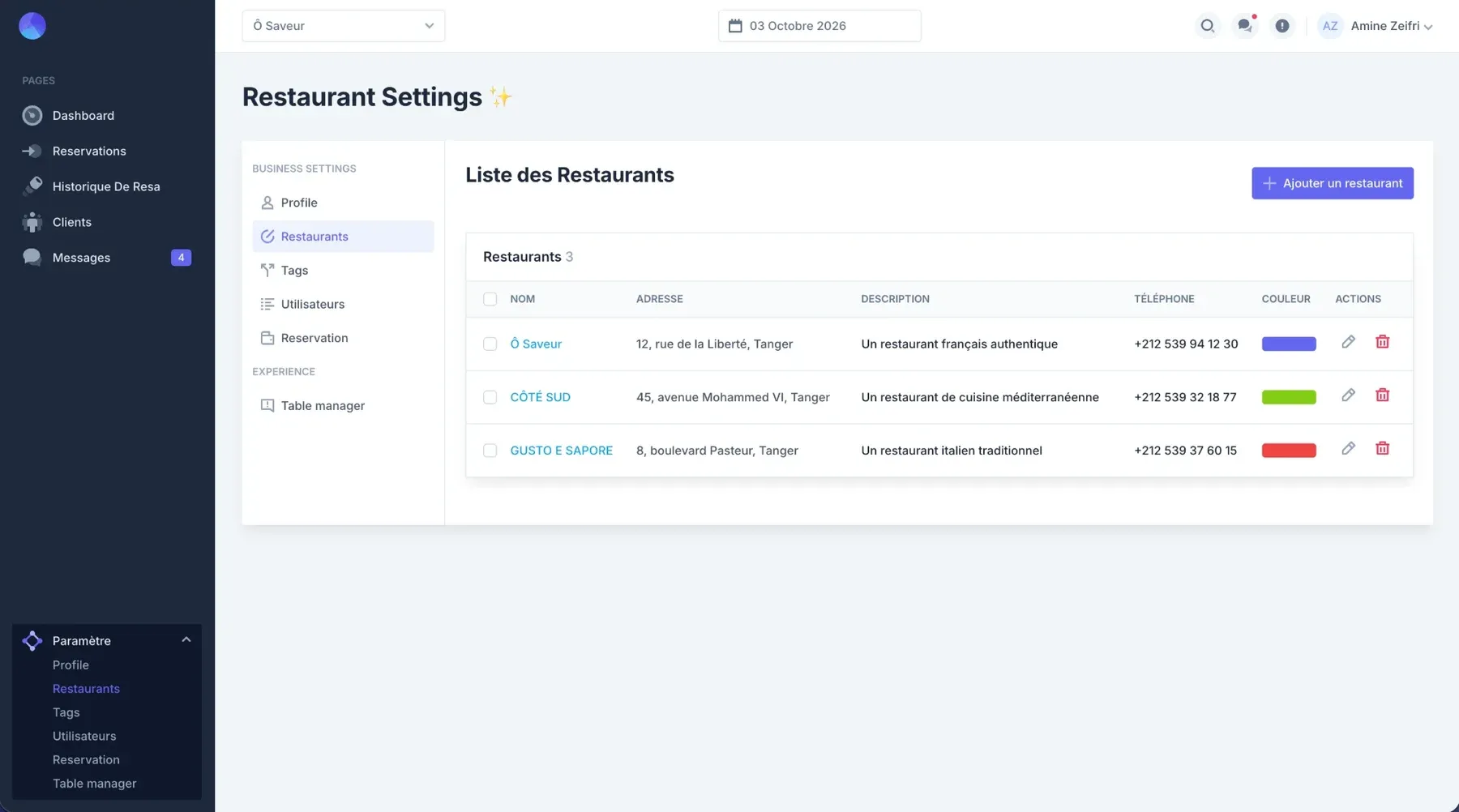 Les réglages : plusieurs restaurants gérés dans la même application